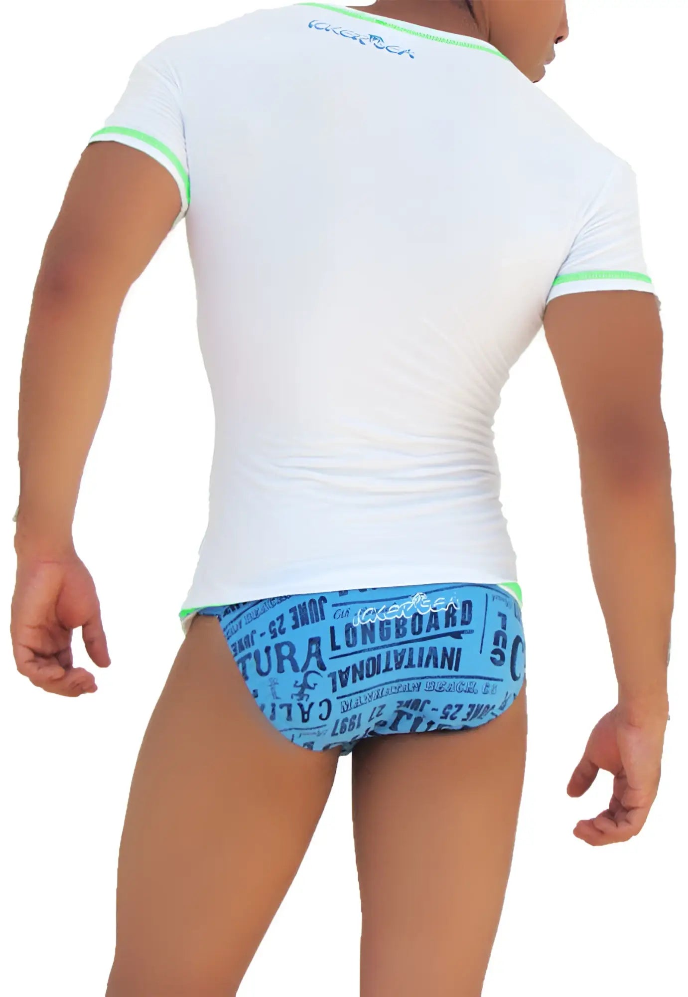 Icker Sea white short sleeved rash guard with neon green trim and subtle logo at neckline for activewear use