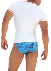 White short-sleeved v neck t shirt with red trim and blue graphic print on back showing contrast stitching