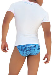 Back view of icker sea white short sleeved rash guard with pink trim and blue graphic print on the back