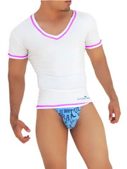 Icker Sea contrast stitching v neck short sleeved shirt white with pink trim fitted stretchy fabric design