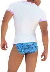 Back view of icker sea white short-sleeved rash guard with pink trim and blue graphic print on lower back