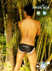 Back view of black icker sea contrast trim micro slip bikini swimwear with white trim and subtle logo