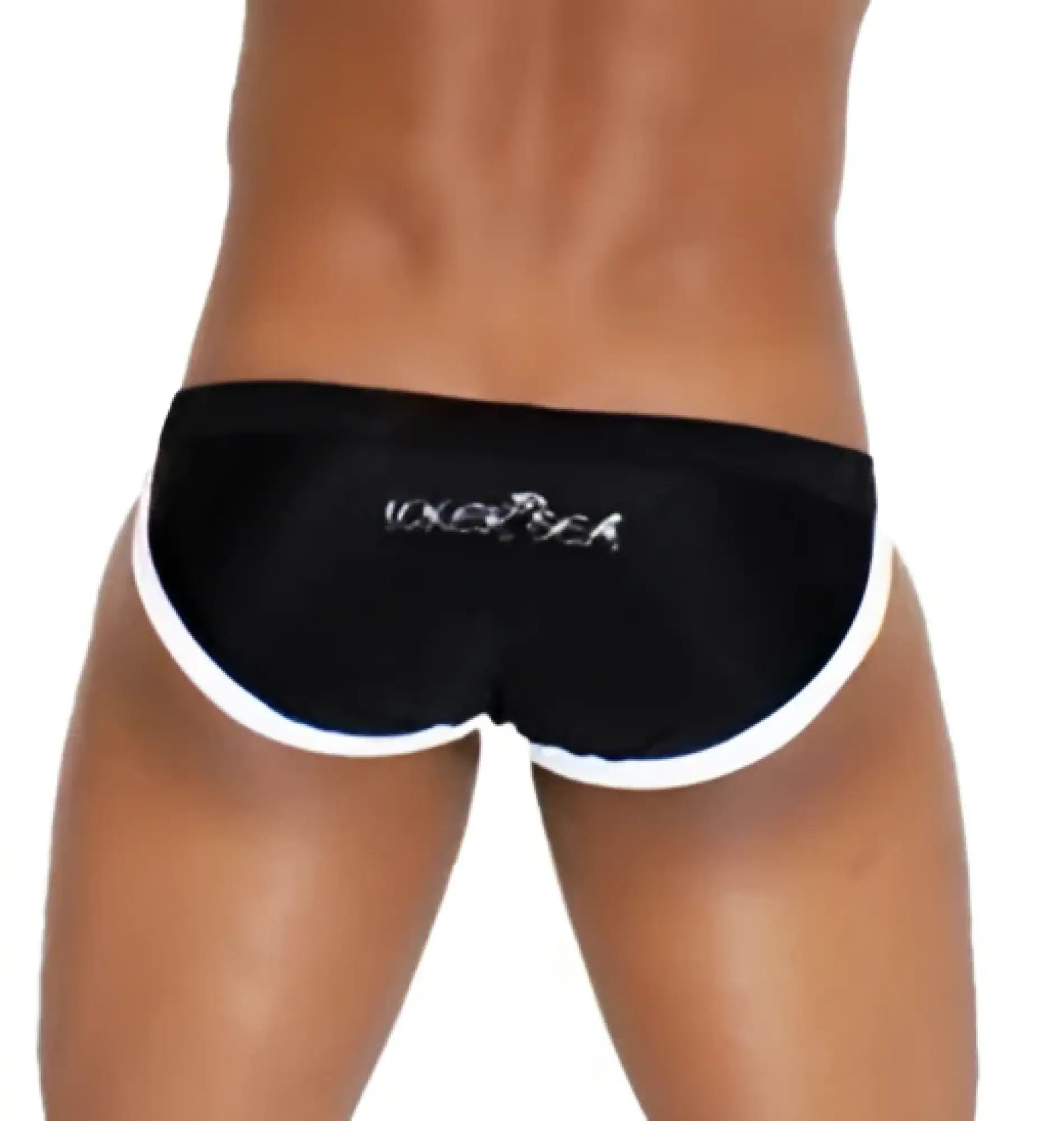 Black icker sea micro slip bikini swimwear briefs with white trim and silver vixen logo embroidery