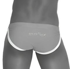 Gray briefs with white trim and subtle embroidered logo from icker sea contrast trim micro slip bikini swimwear blue cob-13-15