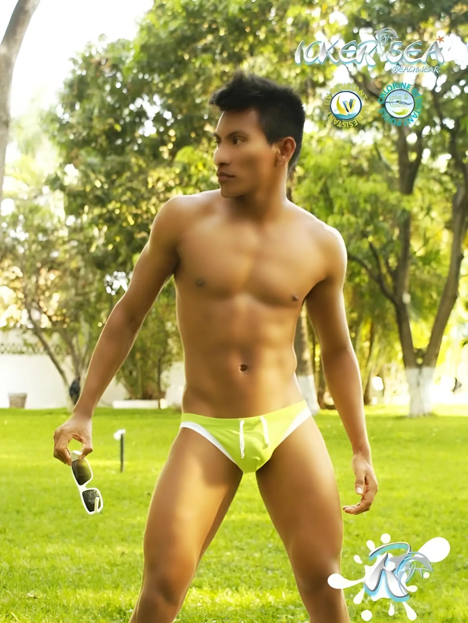 Bright lime green icker sea contrast trim micro slip bikini swim trunks with white trim for swimwear use