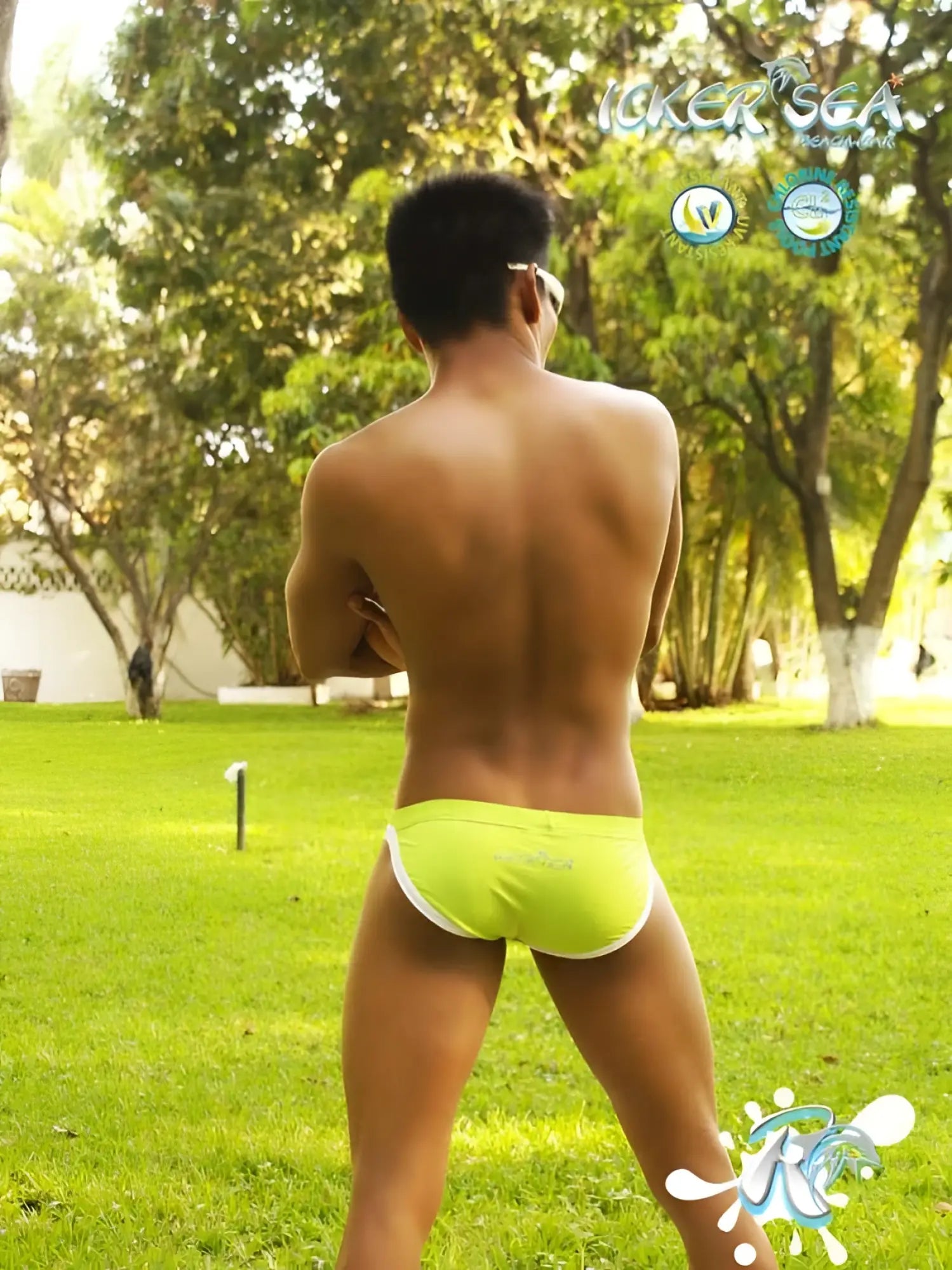 Bright neon green icker sea micro slip bikini swim trunks with white contrast trim for swimwear use
