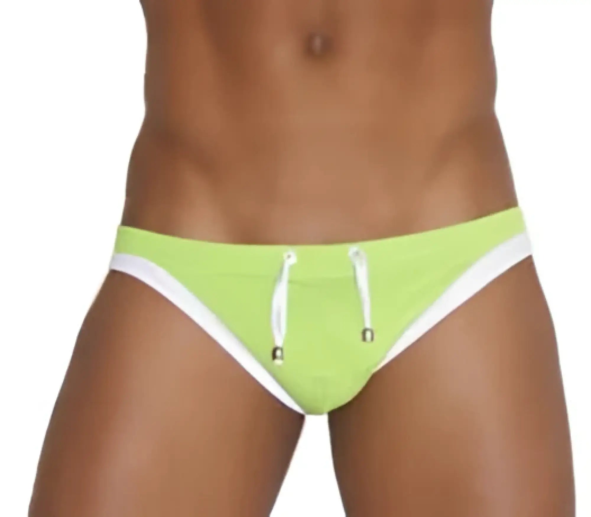 Bright lime green icker sea micro slip bikini swimwear with white contrast trim and drawstring for swimming use