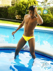 Bright yellow icker sea micro slip bikini swimwear with white contrast trim designed for swimming and beachwear