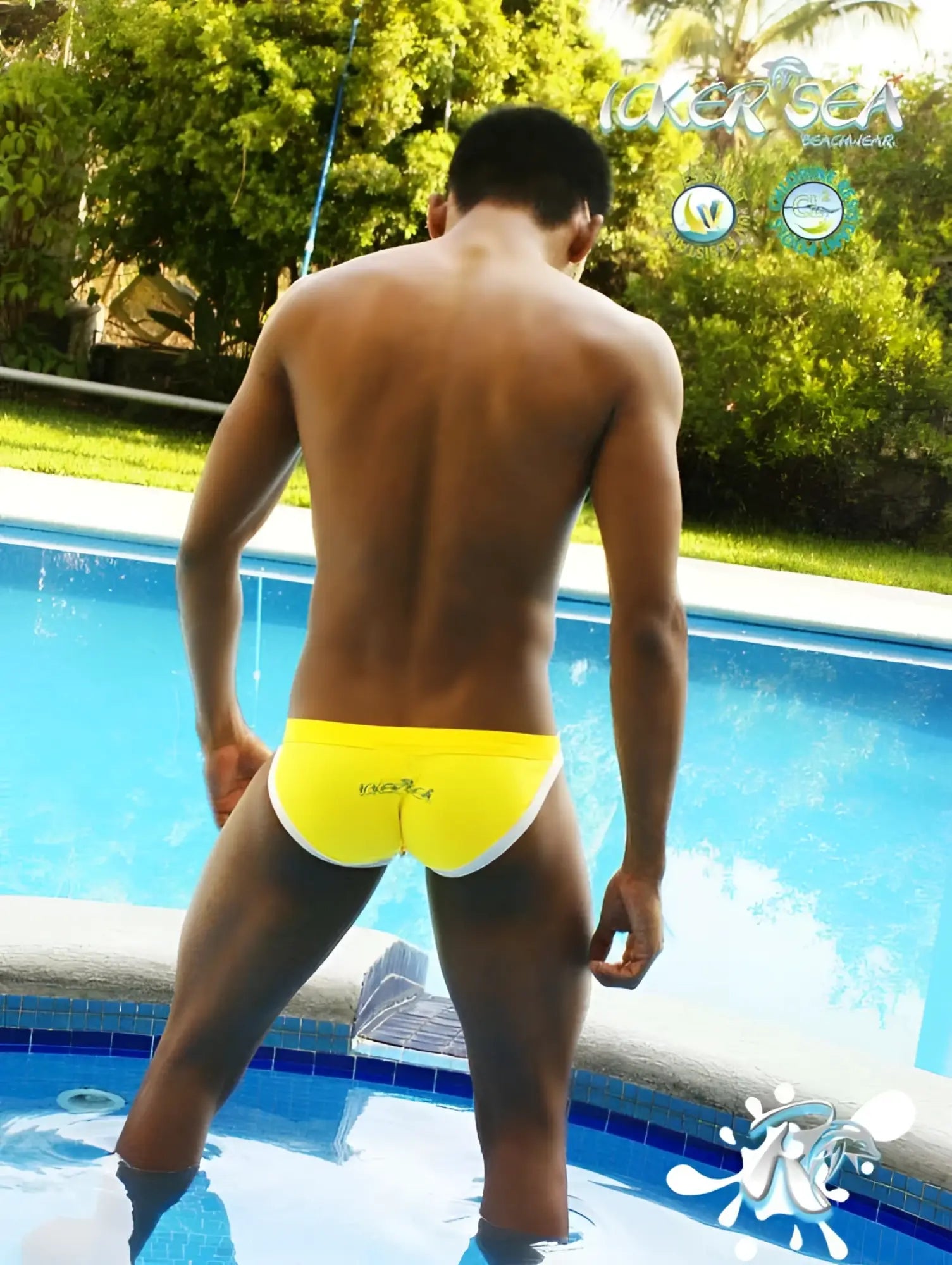 Bright yellow icker sea micro slip bikini swimwear with white contrast trim and exo logo on the back in mango white