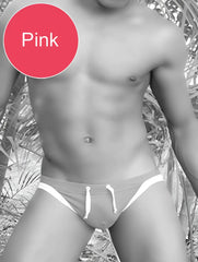 Icker Sea pink micro slip bikini swimwear with white contrast trim side stripes and drawstrings for swim use