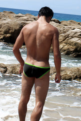 Icker Sea contrast trim mini brief bikini swimwear in black swim trunks with neon green trim for beach use