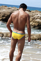 Bright yellow icker sea contrast trim mini brief bikini swimwear with blue trim for stylish beachwear