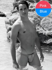 Icker Sea contrast trim mini brief bikini swimwear pink blue with minimalist swim trunks and adjustable drawstrings