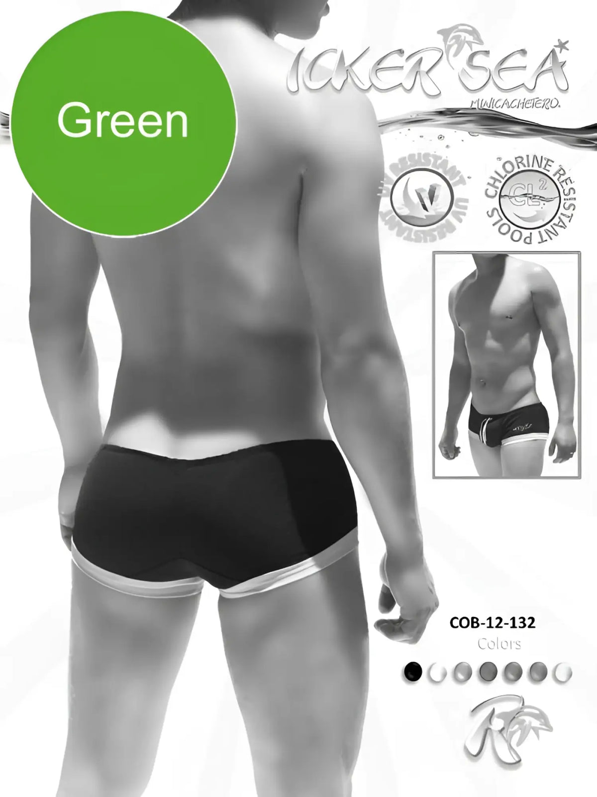 Icker Sea contrast trim mini square cut trunk swimwear in black with white trim and green color option label visible