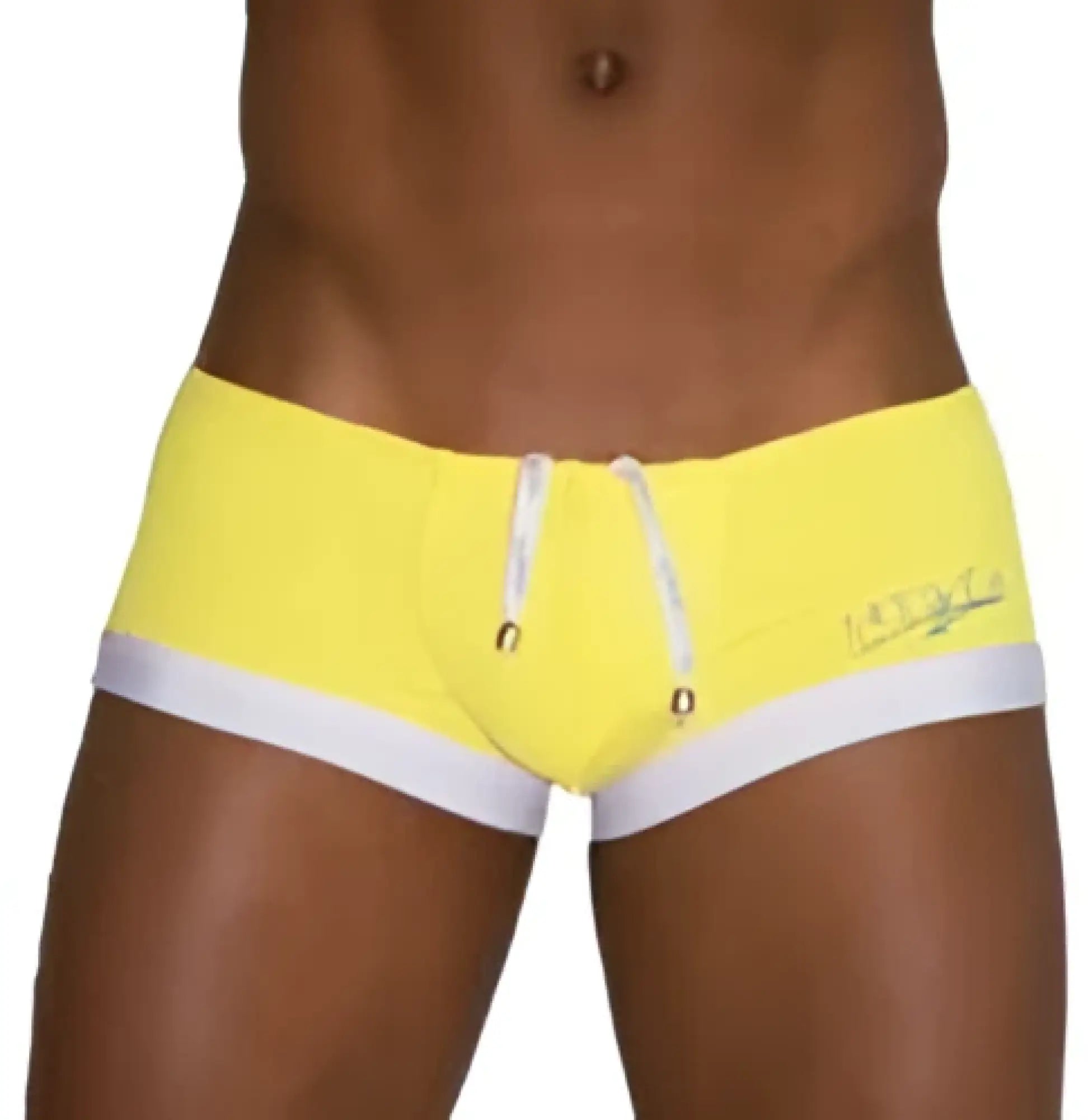 Icker sea contrast trim mini square cut trunk swimwear in bright yellow with white trim and drawstring waistband