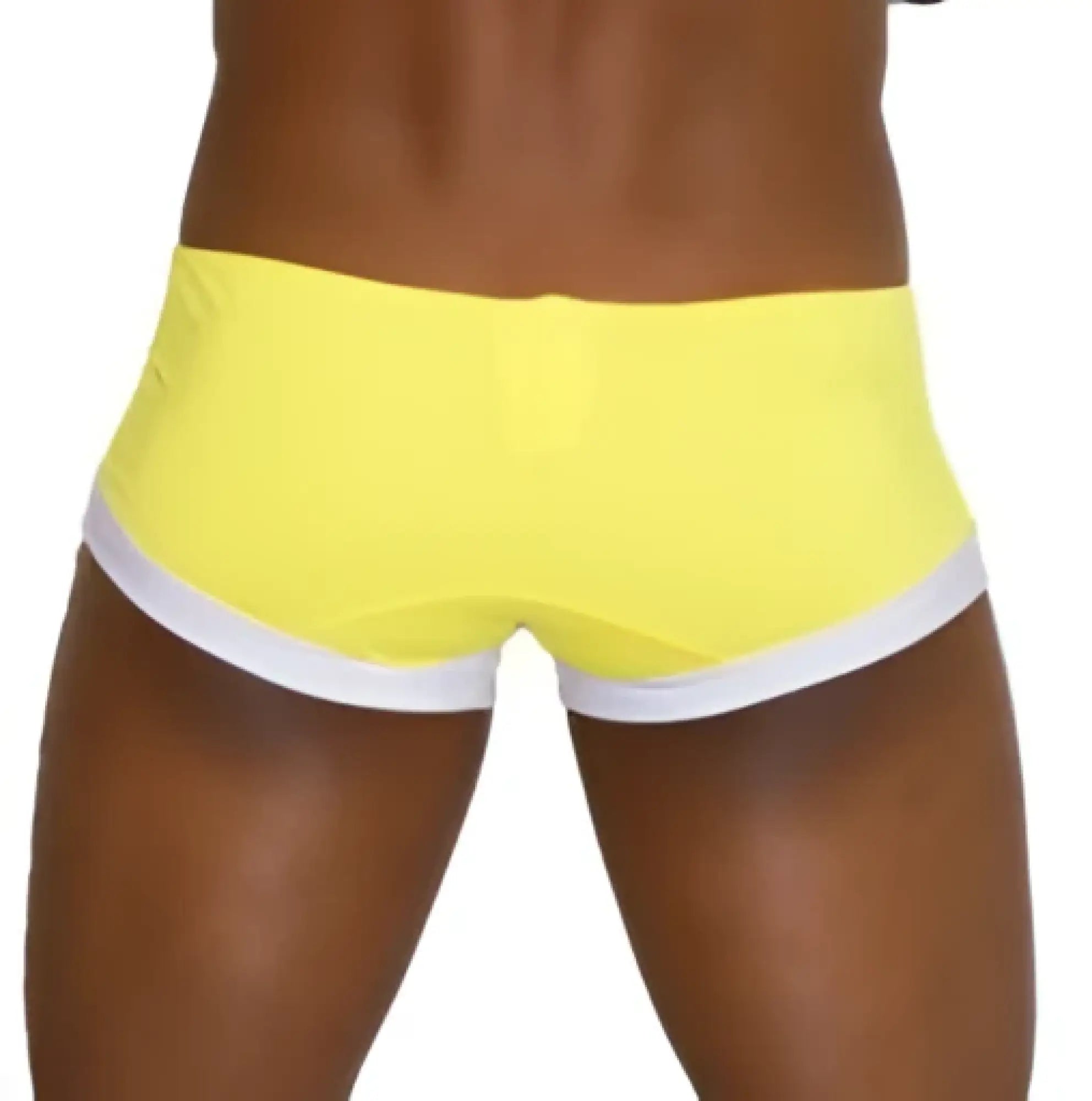 Icker Sea contrast trim mini square cut trunk swimwear in bright yellow with white waistband trim for swimming