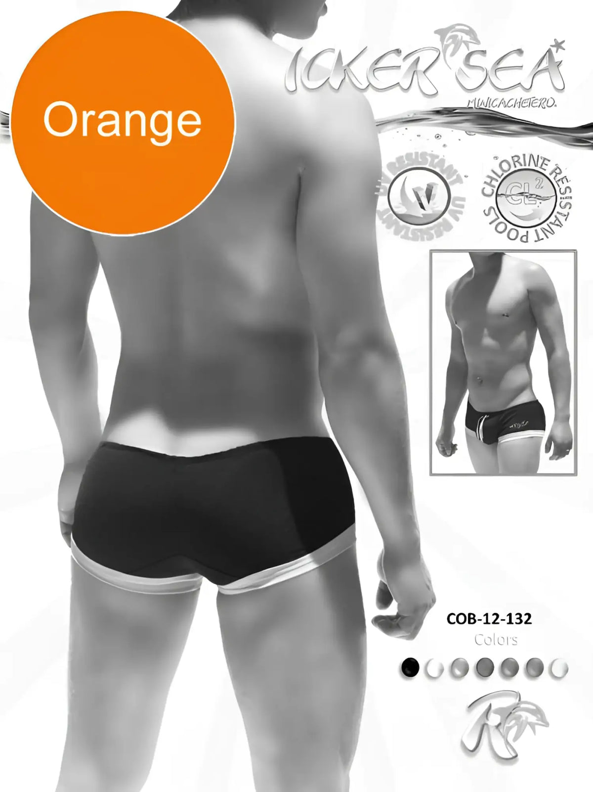 Orange icker sea contrast trim mini square cut swim trunks with black and white trim for swimwear use