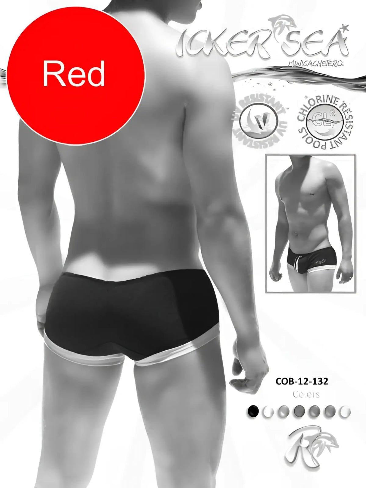 Red and black icker sea contrast trim mini square cut swim trunks with white trim and sleek design