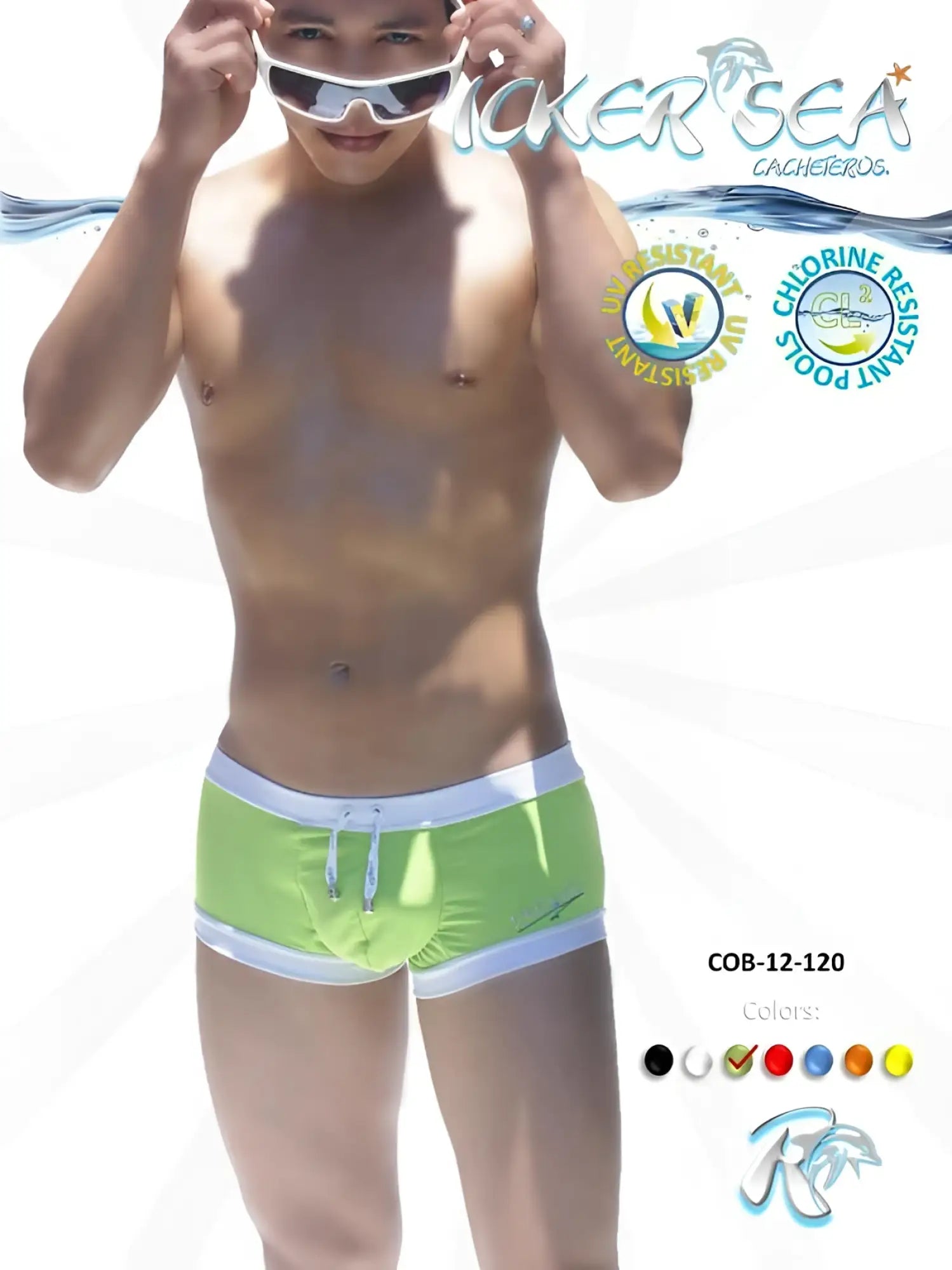 Icker Sea contrast trim square cut lime green swim trunks with white trim and drawstring for swimwear use