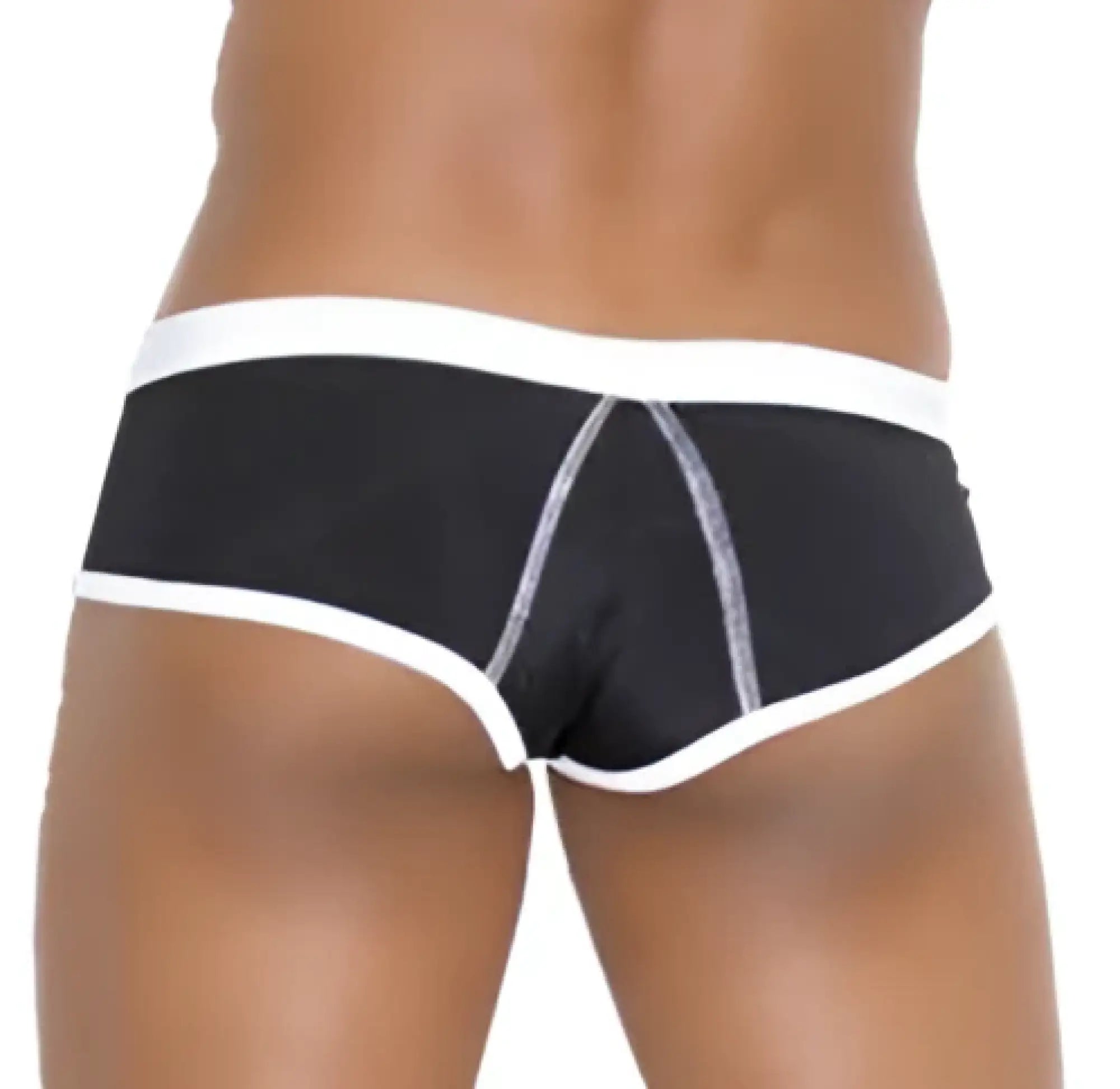 Icker Sea cheeky mini bikini swimwear black briefs with white contrast trim and silver stitching front view