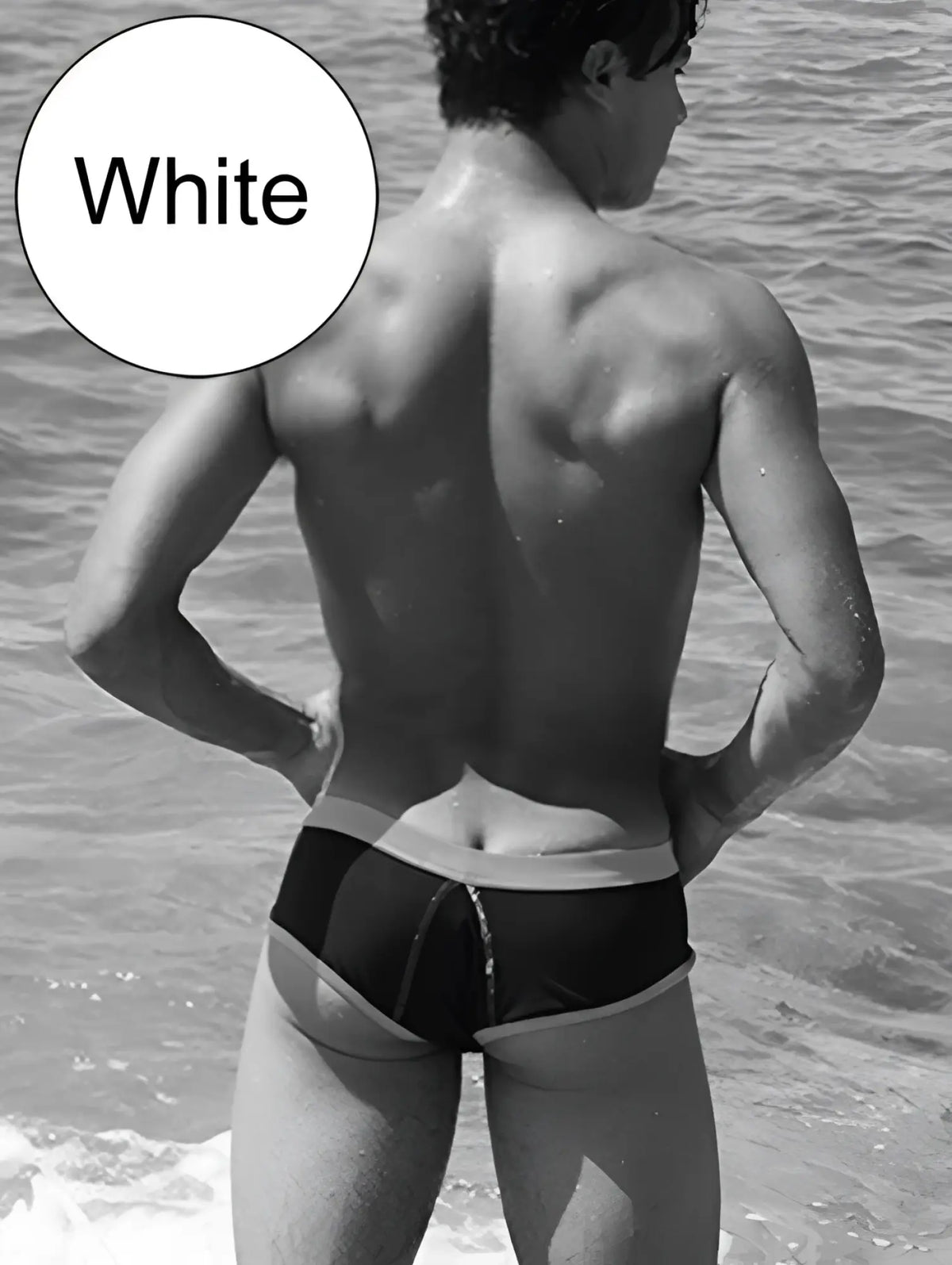 White swim trunks with contrasting black panel and trim from icker sea cheeky mini bikini swimwear cob 15 39