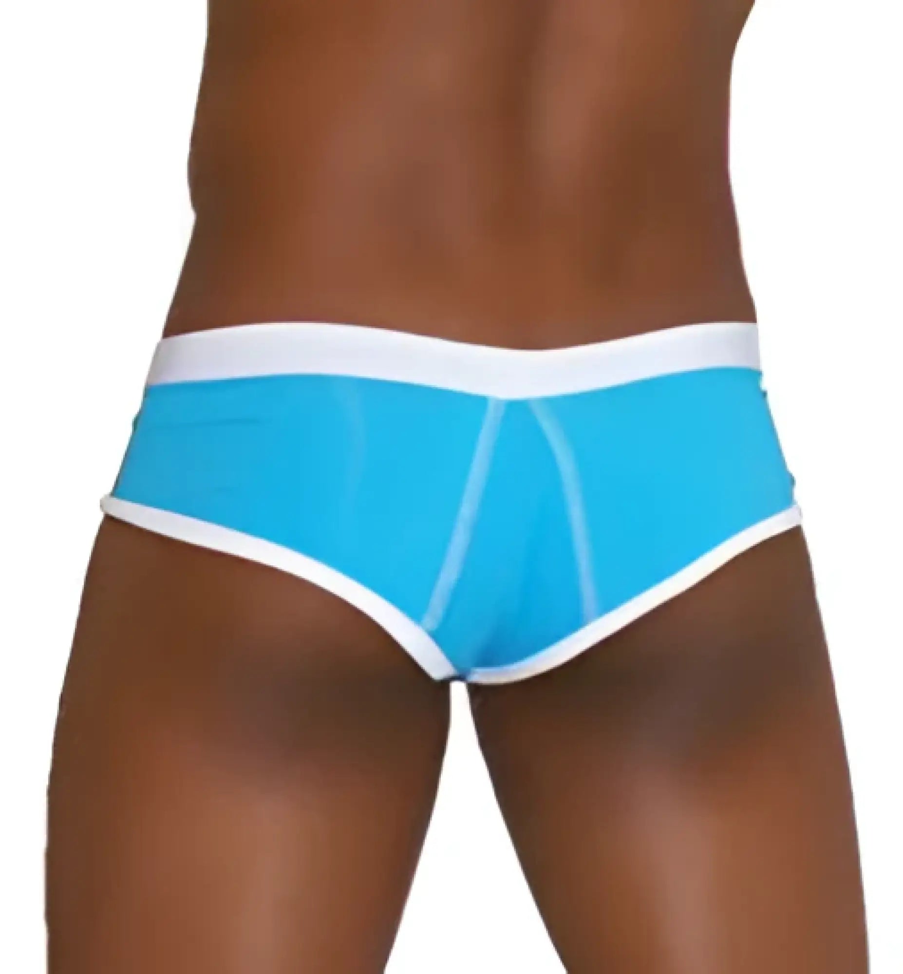 Bright blue icker sea cheeky mini bikini briefs with white contrast trim and stitching for swimwear use