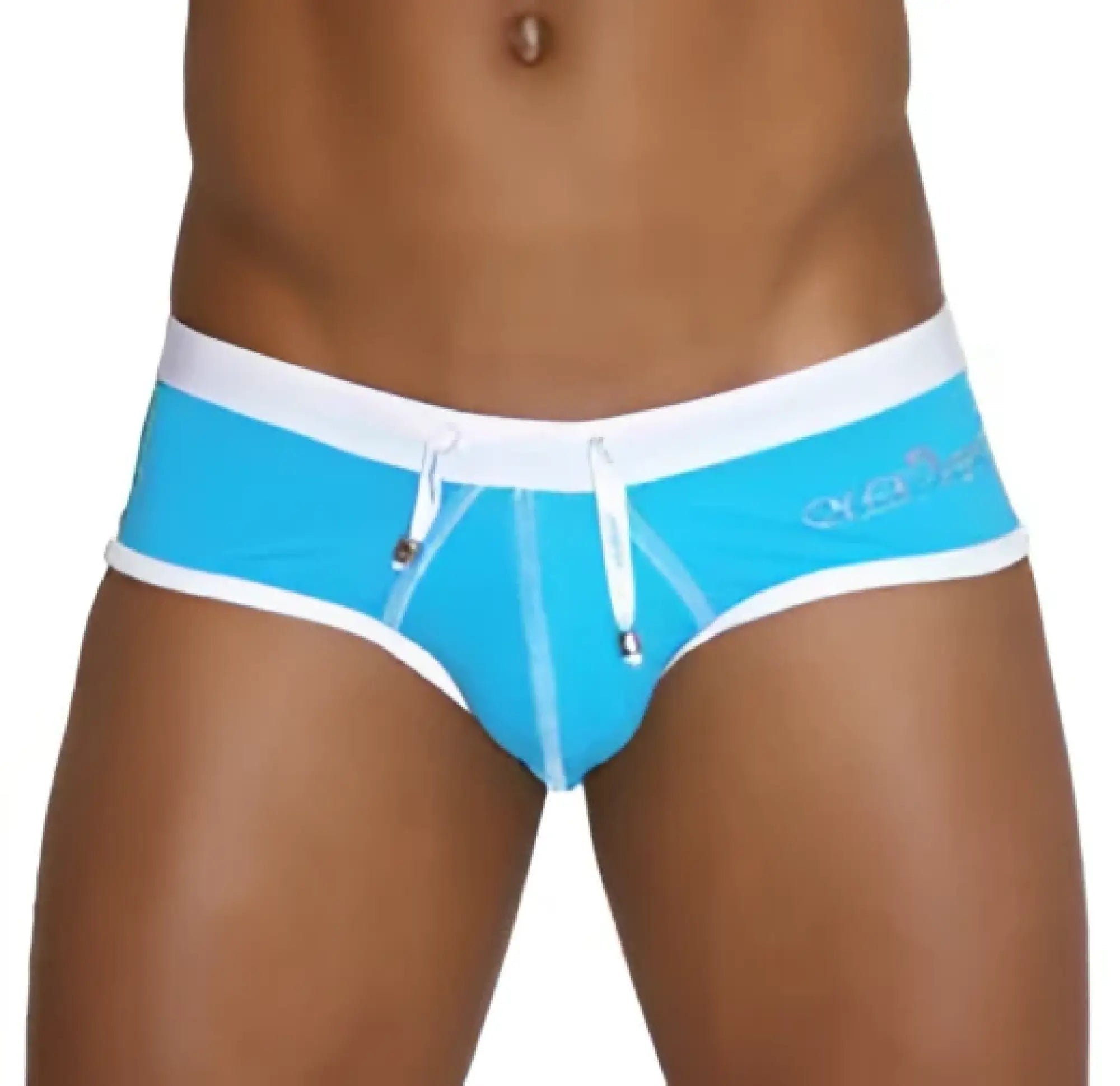 Bright blue icker sea cheeky mini bikini swimwear with white contrast trim stitching and subtle side logo