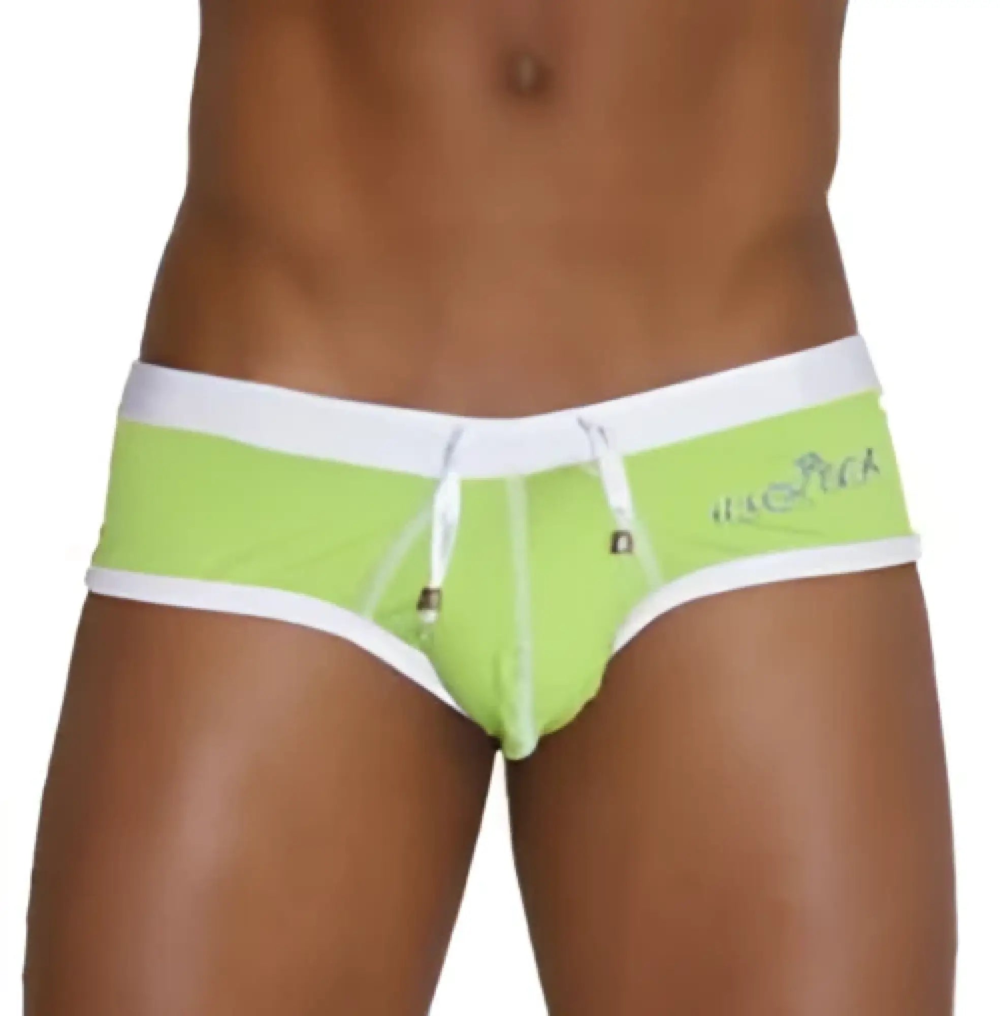 Icker Sea lime green and white cheeky mini bikini swimwear with contrast trim and stitching and drawstring waistband
