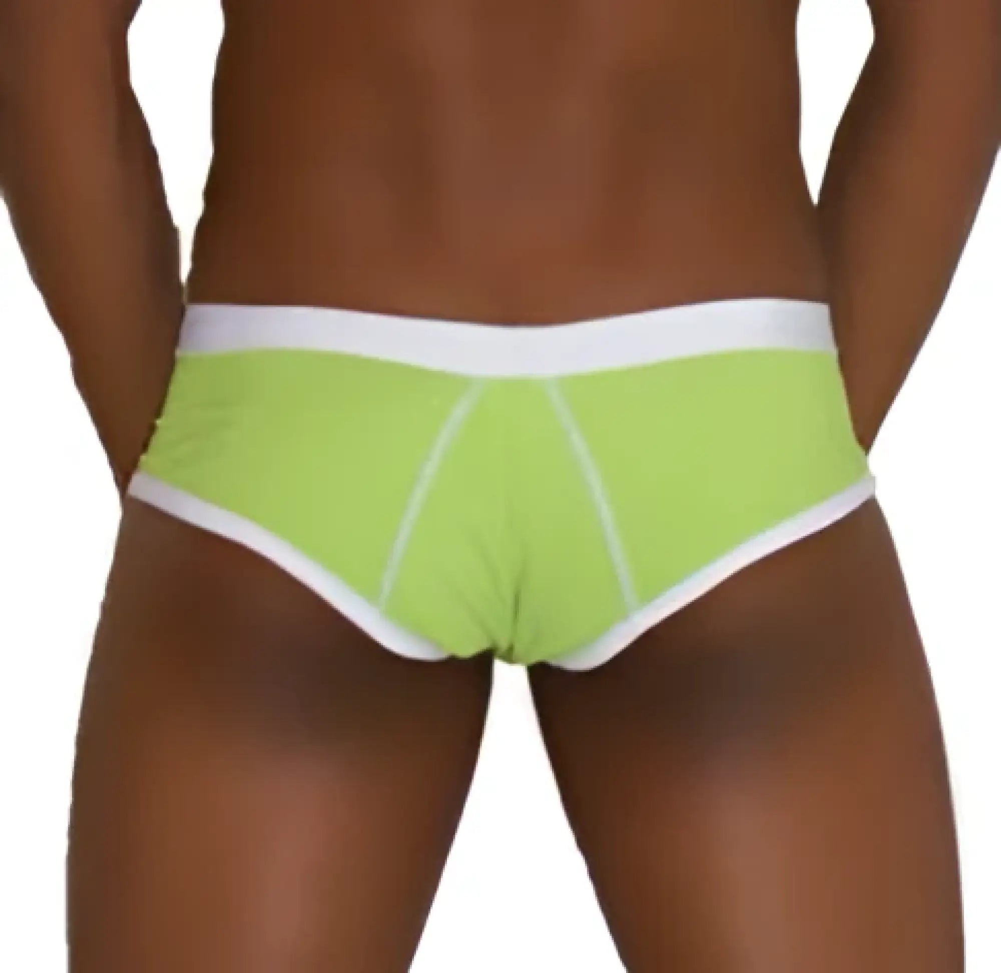 Lime green cheeky mini bikini briefs with white contrast trim and stitching for swimwear use