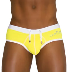 Bright yellow icker sea cheeky mini bikini swim trunks with white trim and drawstring waistband mango white cob 13 25