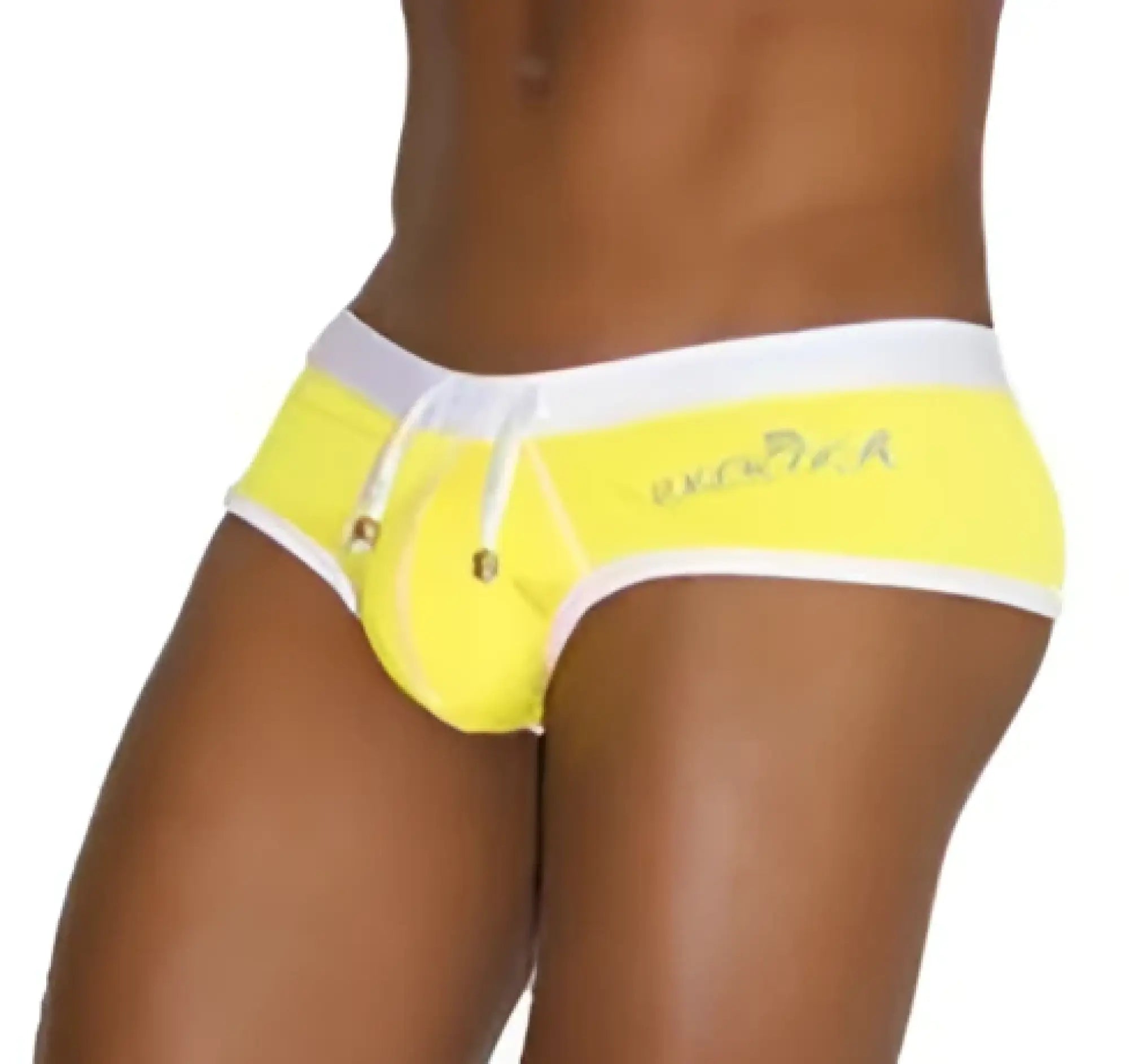 Bright yellow icker sea men’s cheeky mini bikini swimwear briefs with white trim and subtle waistband logo in mango white