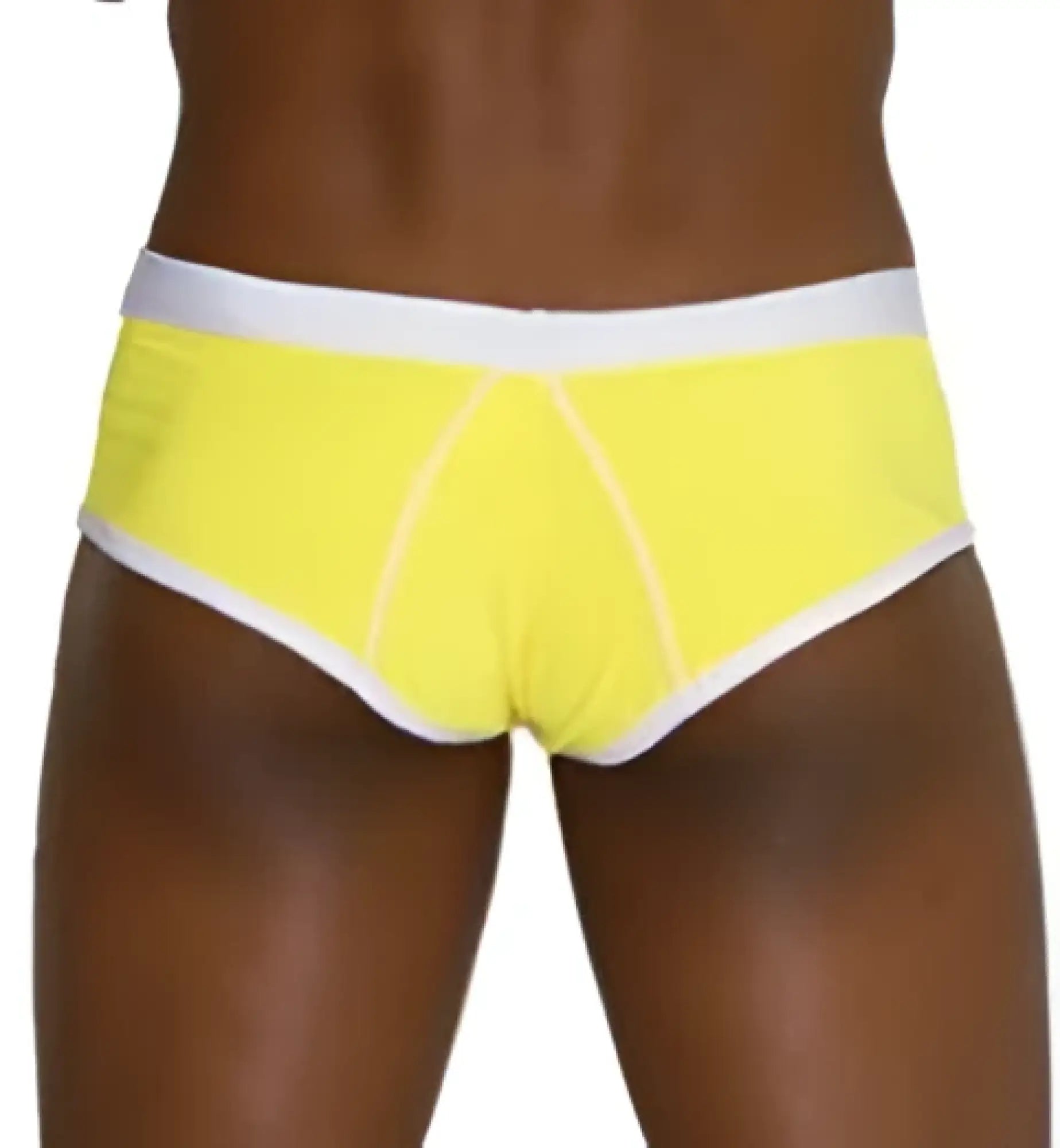 Bright yellow icker sea cheeky mini bikini swimwear briefs with white contrast trim and stitching in mango and white