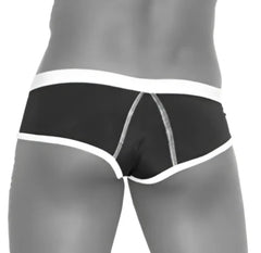 Black cheeky mini bikini swimwear with white contrast trim and stitching details for beachwear use
