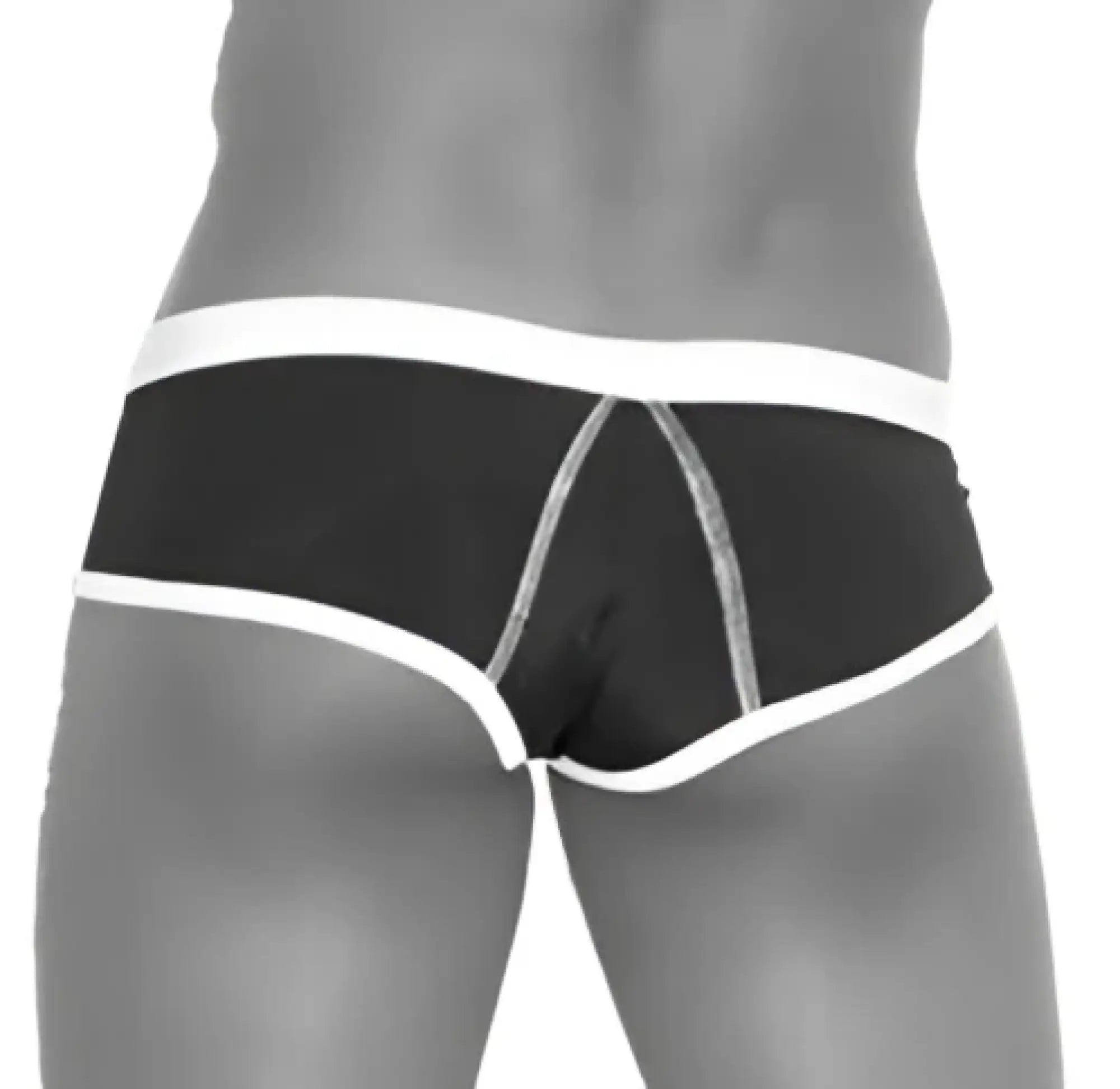 Black cheeky mini bikini swimwear with white contrast trim and stitching details for a stylish beach look