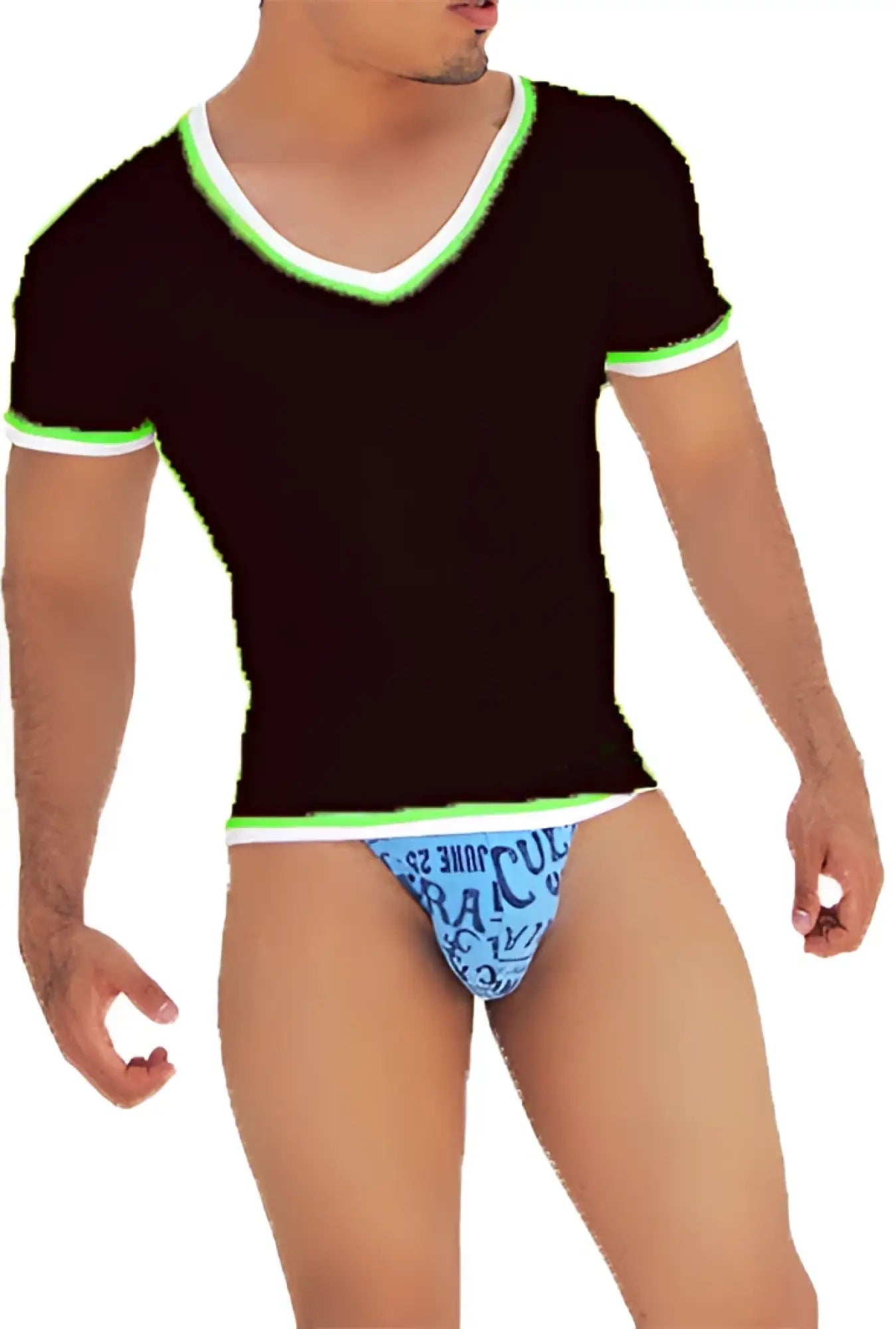 Black icker sea v neck short sleeved t shirt with neon green and white contrast trim in cotton blend fabric