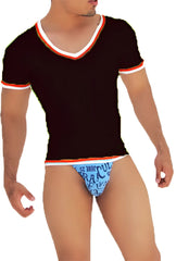 Icker Sea contrast trim v neck short sleeved t shirt in black with white and orange trim for casual wear