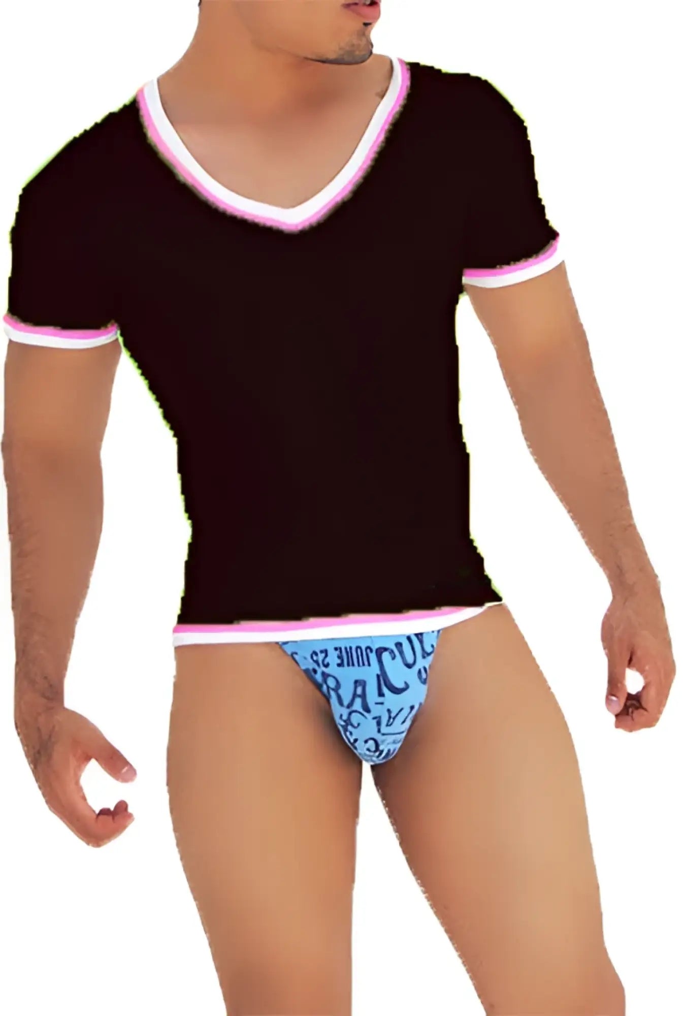 Black v neck t shirt with pink contrast trim and short sleeves paired with light blue patterned briefs for casual wear
