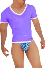 Icker Sea contrast trim v neck short sleeved t shirt purple with white trim and floral logo on lower left side