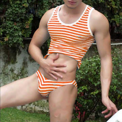 Icker Sea Sailor Stripe Matching Tank Top & Bikini Set Orange COR-22-01