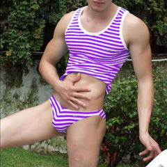 Icker Sea Sailor Stripe Matching Tank Top & Bikini Set Purple COR-22-01