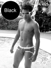 Black icker sea cord bikini swimwear trunks with white contrast trim stitching and subtle logo on waistband