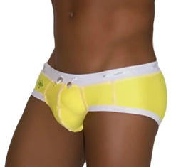 Bright yellow icker sea cord contrast trim and stitching bikini swimwear briefs with white trim and waistband logo