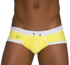 Bright yellow men’s briefs with white waistband and subtle logo detailing from Icker Sea Cord Contrast Trim & Stitching Bikini swimwear