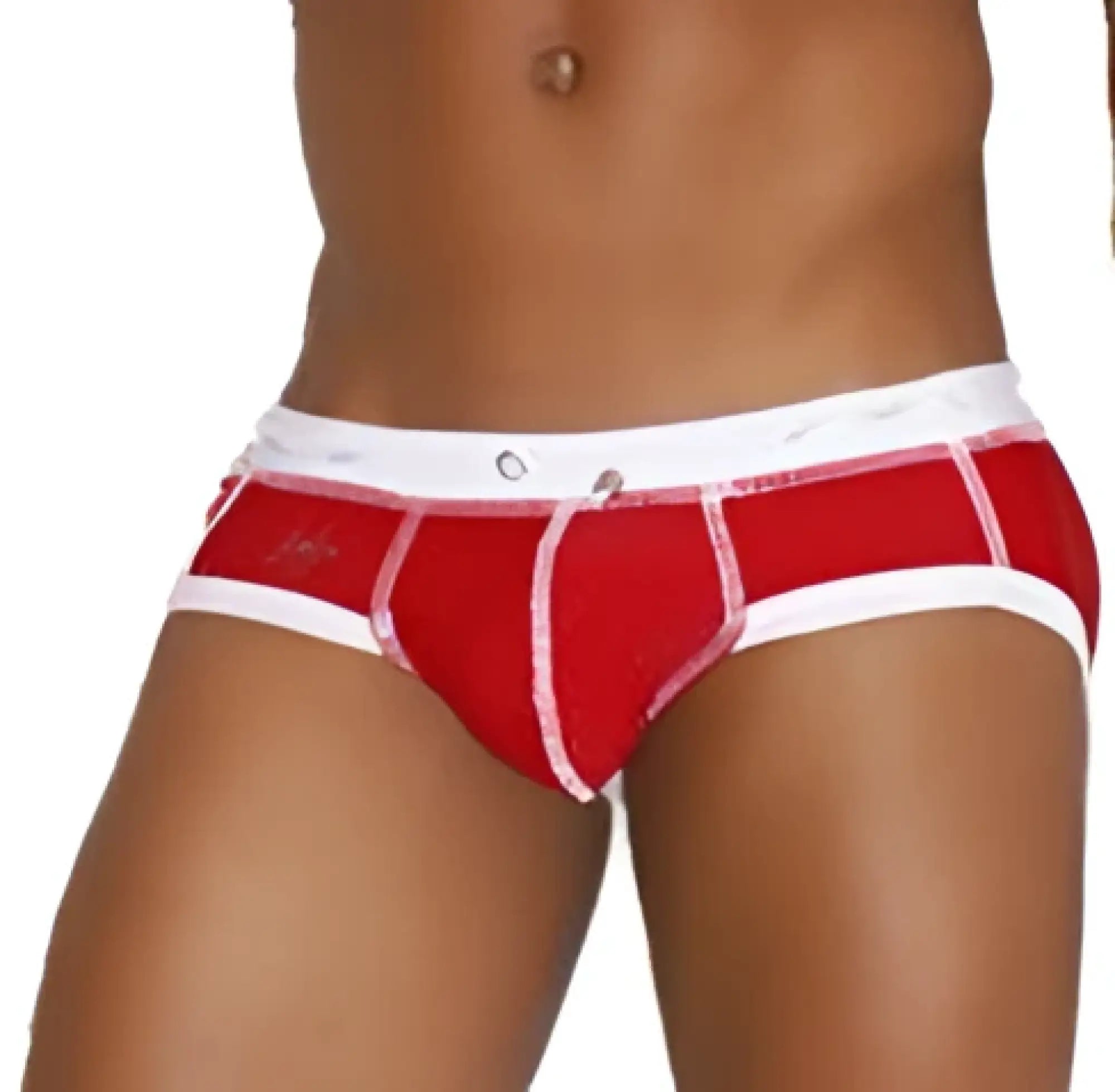 Icker Sea red and white briefs with contrasting white waistband and snug fit from the Cord Contrast Trim Bikini Swimwear collection