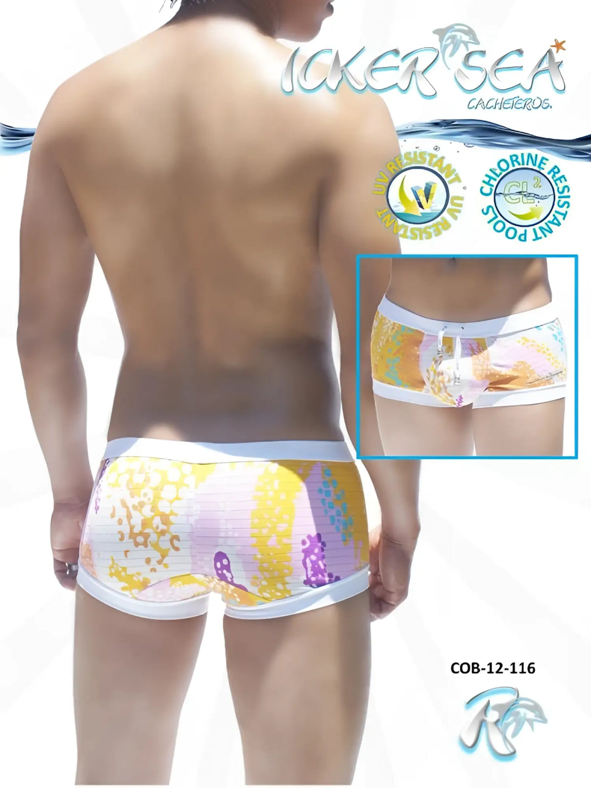 Icolorful patterned icker sea crayons square cut trunk swimwear with white waistband and trim for swimming
