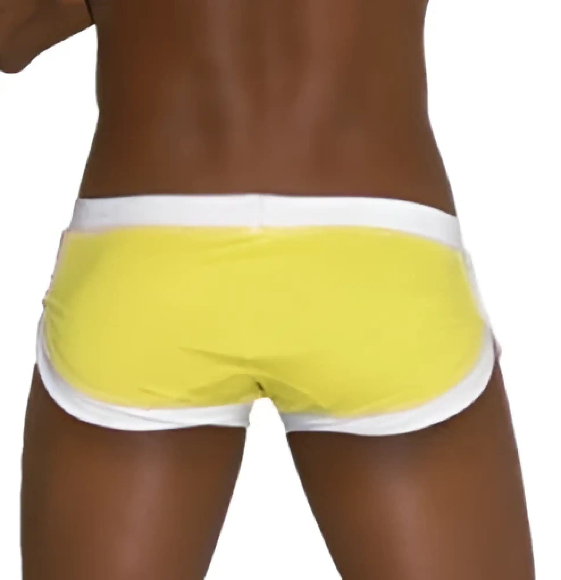 Bright yellow icker sea curved hemline u shorts square cut trunk swimwear with white trim for men
