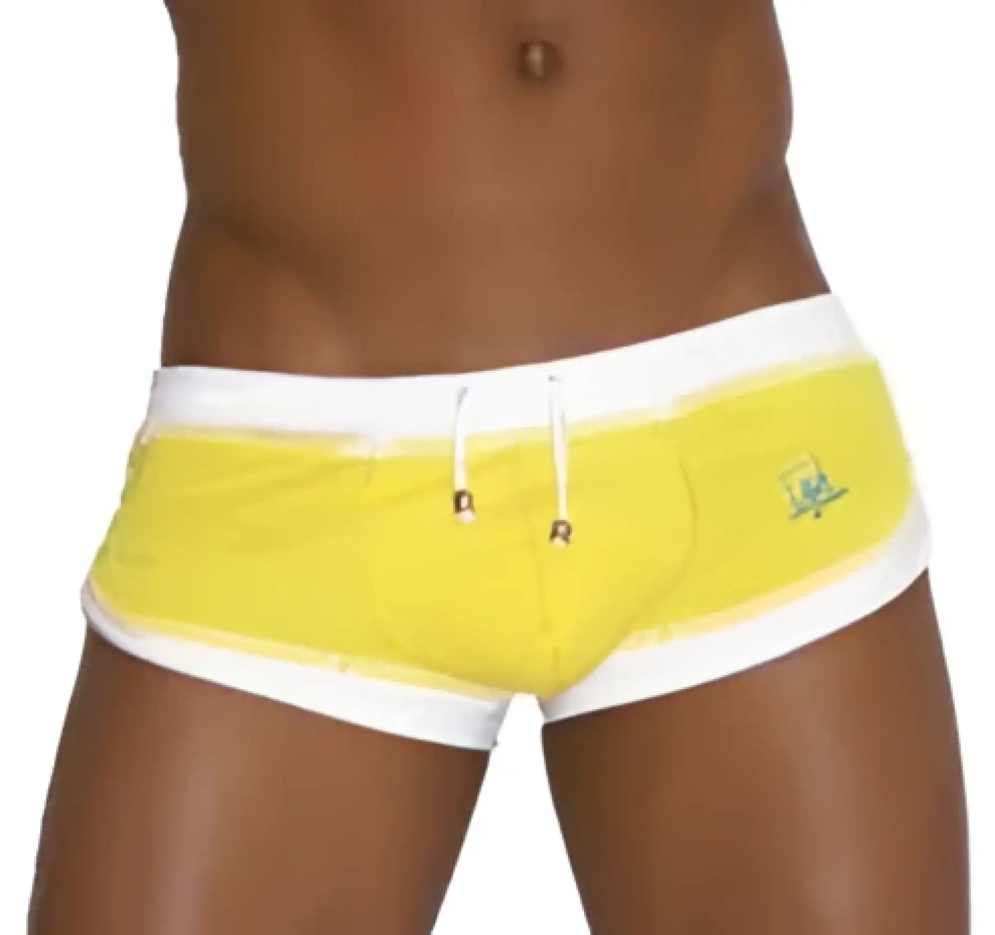 Icker sea curved hemline u shorts bright yellow swim trunks with white trim and green logo side detail mango cob-13-36