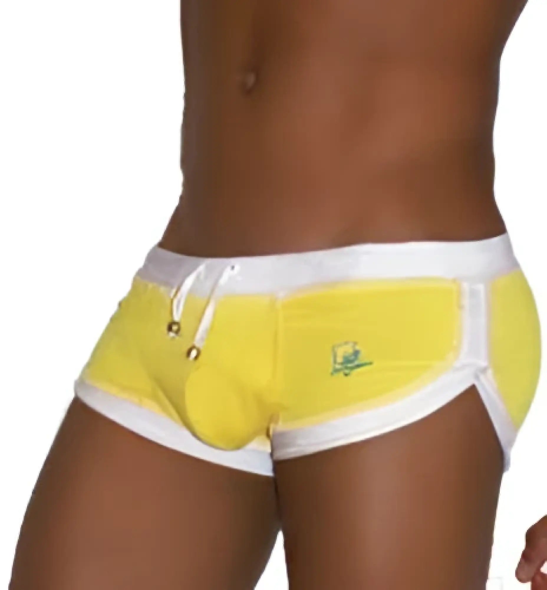 Bright yellow icker sea curved hemline u shorts swim trunks with white trim and small logo on left leg in mango color