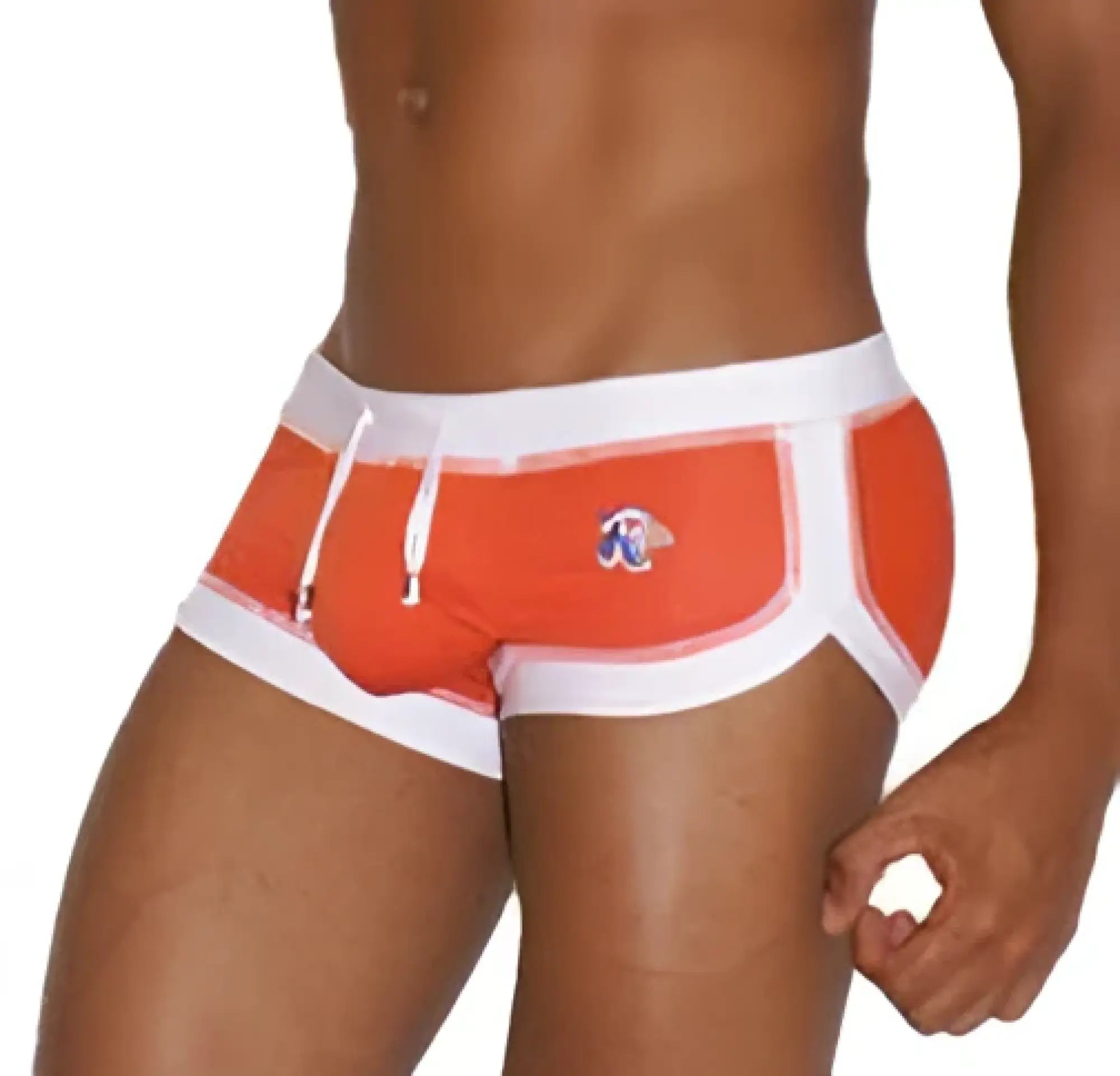 Icker Sea curved hemline u shorts in orange and white with a small logo on the left hip for swimwear use