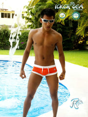 Icker sea curved hemline u shorts square cut trunk swimwear in orange and white with drawstring waistband